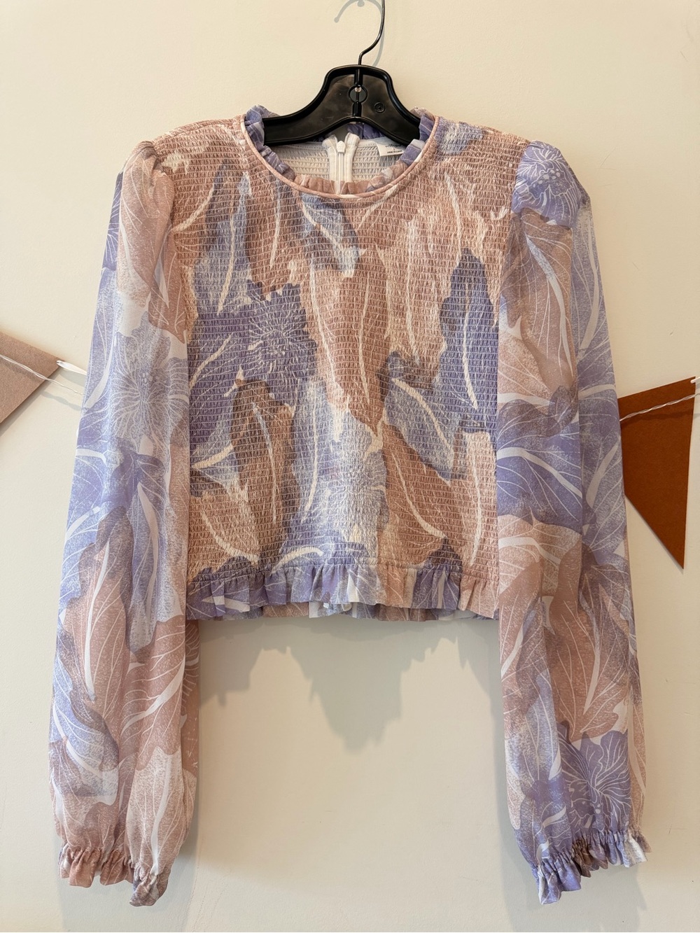 Wilfred Lavender and Blush Smocked Floral Long-Sleeve Crop Blouse